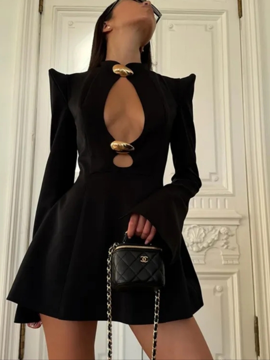 Dresses & Skirts - Black Cutout Long-Sleeve Mini Dress with Gold Accents